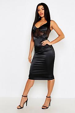 Boohoo Lace Top Satin Bodycon Midi Dress
