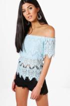 Boohoo Sarah Eyelash Lace Off The Shoulder Top Sky