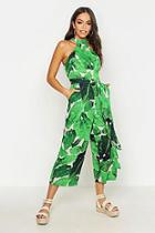 Boohoo Palm Print High Neck Jumpsuit