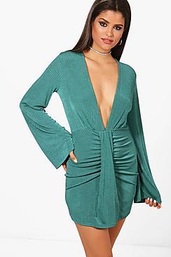 Boohoo Drape Detail Long Sleeve Bodycon Dress