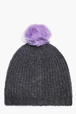 Boohoo Nicole Faux Fur Pom Contrast Beanie