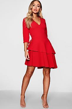 Boohoo V Neck Triple Frill Rouched Shift Dress
