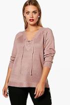 Boohoo Plus Katie V Neck Jumper With Lace Up Detail