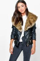 Boohoo Bethany Boutique Faux Fur Trim Zip Biker Jacket Natural