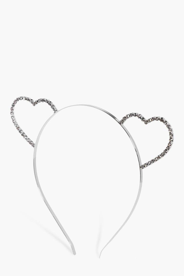 Boohoo Sofia Diamante Heart Ears Headband Silver