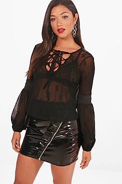 Boohoo Kourtney Lace Up Lace Top