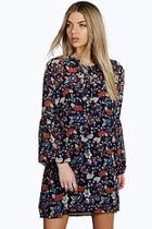 Boohoo Lara Tie Neck Puff Sleeve Floral Shirt Dress