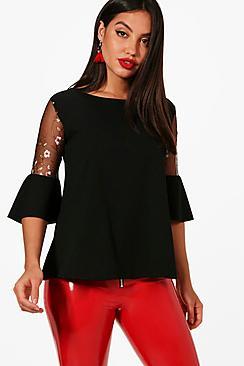 Boohoo Missie Embroidered Flare Sleeve Top