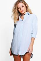 Boohoo Petite Grace Pom Pom Detail Stripe Shirt Dress Blue