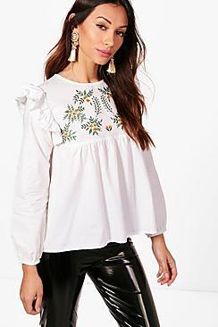 Boohoo Petite Hana Embroidered Long Sleeve Top
