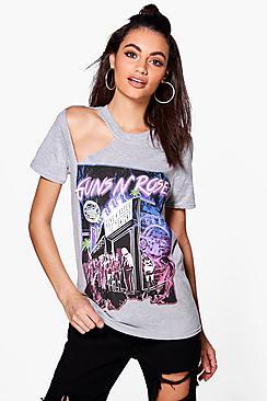 Boohoo Mia Guns N Roses Cut Out Shoulder Licence Band Tee