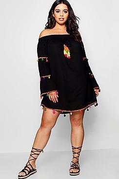 Boohoo Plus Olivia Off Shoulder Tassel Trim Beach Dress