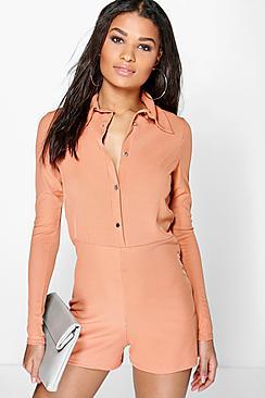 Boohoo Alex Ribbed Shirt Style Playsuit