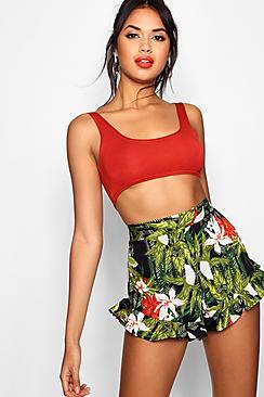 Boohoo Ruby Tropical Print Ruffle Hem Runner Shorts