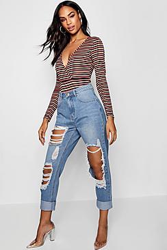 Boohoo Janae Distressed Denim Mom Jean