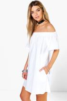 Boohoo Anna Off The Shoulder Cotton Sun Dress White