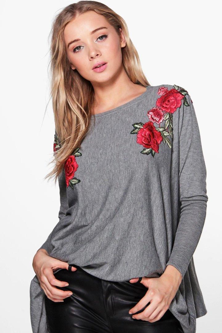 Boohoo Emma Embroidery Knitted Batwing Top Grey