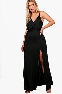 Boohoo Plus Slinky Wrap Tie Waist Maxi Dress