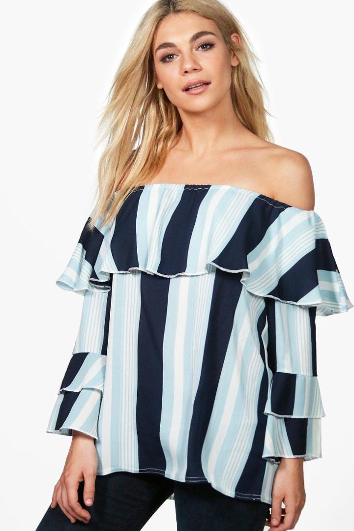 Boohoo Megan Stripe Ruffle Off The Shoulder Top Blue