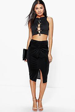Boohoo Darcey Knot Front Textured Slinky Midi Skirt