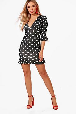 Boohoo Polka Dot Frill Hem Bodycon Dress