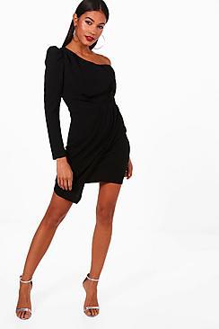 Boohoo Evelyn Power Shoulder Drape Wrap Dress