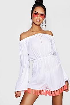 Boohoo Jodie Tassel Hem Off The Shoulder Playsuit