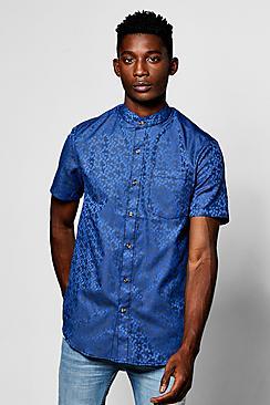 Boohoo Short Sleeve Abstract Jacquard Grandad Collar Shirt