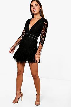 Boohoo Petite Jade Cord Lace Peplum Hem Bodycon Dress