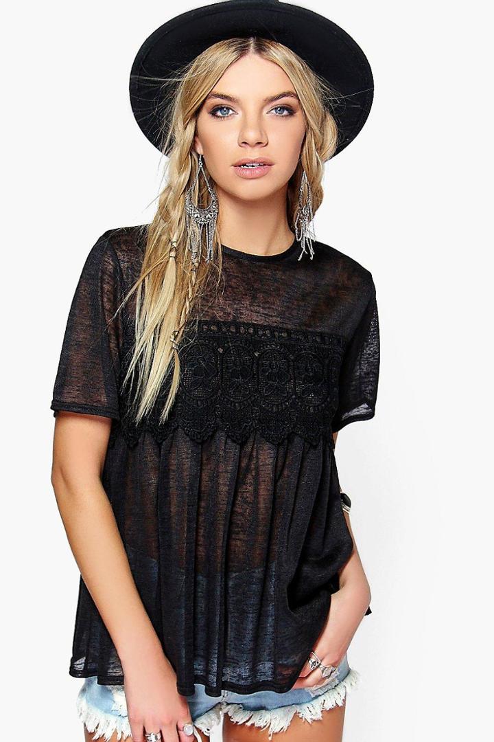 Boohoo Bella Crochet Detail Swing Top Black