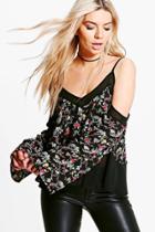 Boohoo Phoebe Cold Shoulder Mixed Print Top Black