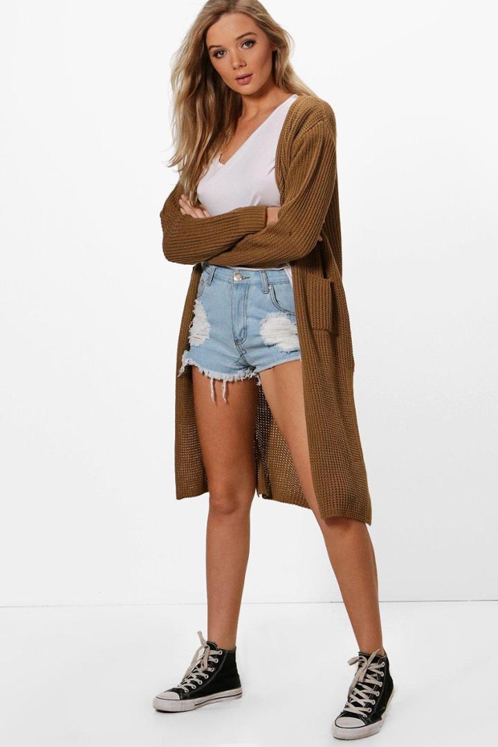Boohoo Camilla Side Split Maxi Cardigan Camel