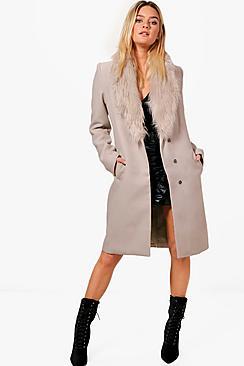 Boohoo Julia Faux Fur Collar Wool Look Coat