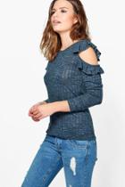 Boohoo Francesca Rib Frill Detail Cold Shoulder Top Charcoal