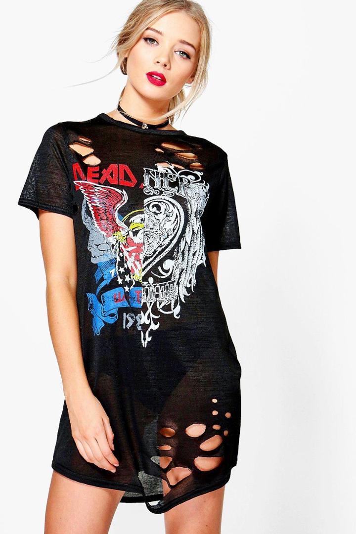 Boohoo Violet Distressed Spliced Print Band T-shirt Dress Black