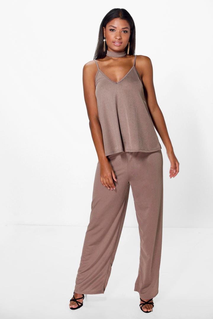Boohoo Keira Wide Leg Crepe Trouser Mocha
