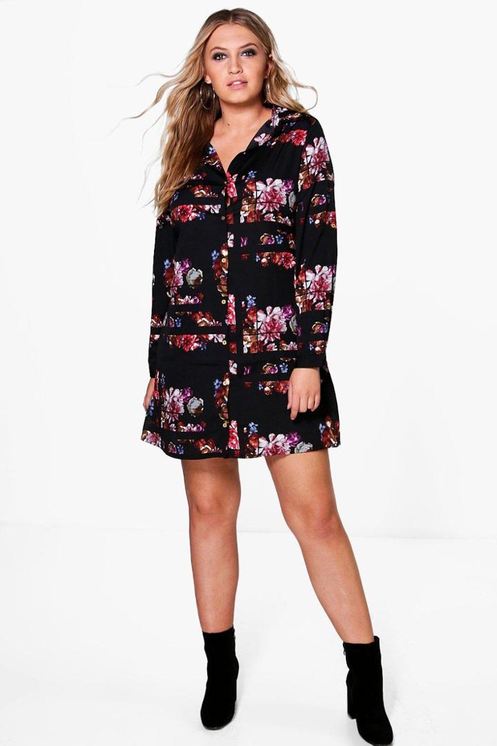 Boohoo Plus Lola Floral Shirt Dress Black