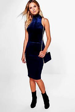 Boohoo Lois Velvet High Neck Panelled Midi Dress