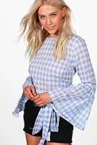 Boohoo Millie Check Tie Front Flare Sleeve Top