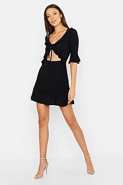 Boohoo Tall Rib Ruffle Tea Dress