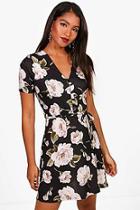 Boohoo Joanna V Neck Belted Floral Tea Dress
