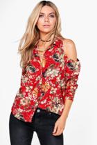 Boohoo Rachael Printed Long Sleeve Cold Shoulder Top Wine