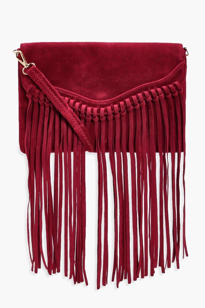 Boohoo Emily Fringed Suedette Cross Body Bag Wine