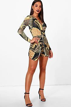 Boohoo Tracie Chain Print Twist Front Playsuit