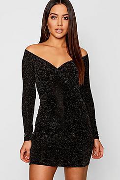 Boohoo Glitter Knot Front Bardot Mini Dress