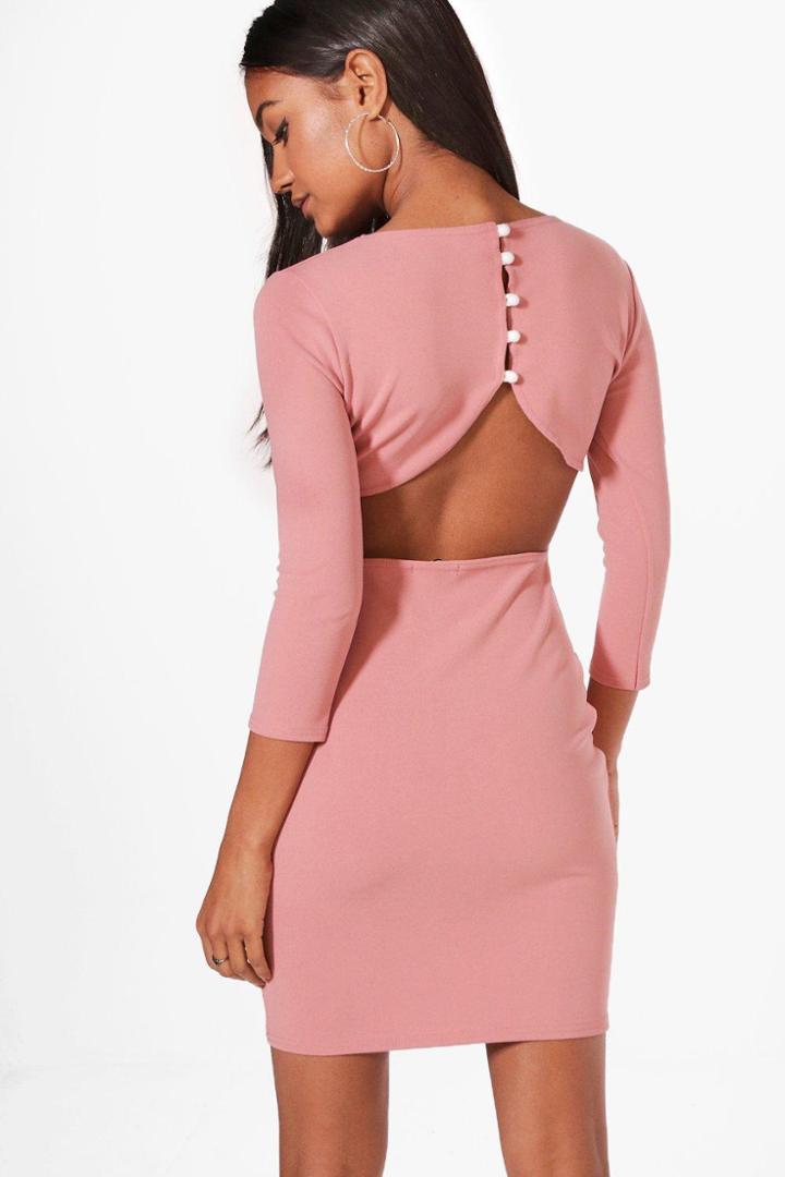 Boohoo Kendra Curved Back Button Bodycon Dress Rose
