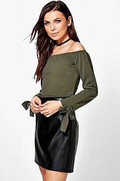 Boohoo Alice Tie Sleeve Bardot Top
