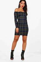 Boohoo Greta Off The Shoulder Check Bodycon Dress