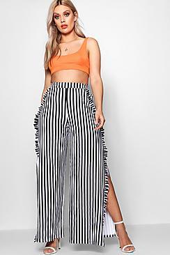 Boohoo Plus Louisa Stripe Ruffle Pant With Side Split