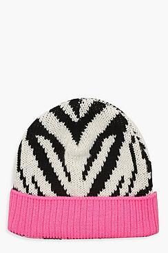 Boohoo Zebra Print Colour Pop Beanie
